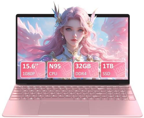 Pryloxen 15,6 Zoll Full-HD Laptop, 32 GB DDR4 RAM 1TB SSD, Quad-Core N95 Up to 3.4GHz with Fingerprint Unlock Notebook, Cooling Fan, Webcam, Dual Speakers, Mini HDMI, Student/Business Laptop - Rosa
