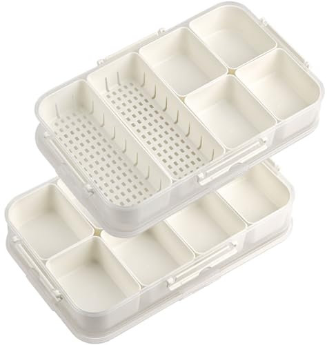 CENBEN 2 Pack Divided Serving Tray with Lid and Handle, Portable Leakproof Divided Snack Box Container with 6/8 Removable Compartments for Fruit, Candy, Nuts Party, Travel, Picnic