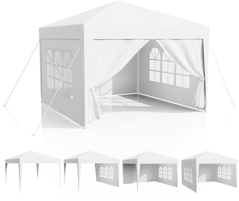 Tonnelle de Jardin 3x3, Pergola-PE Imperméable avec 4 Parois Latérales, Chapiteau UV 50+, Tente de Fête-Plage-Camping-Marché-Reception, Auvent avec Fenêtres, Cadres en Acier, Blanc