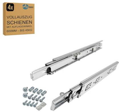 SOTOOLS 2 Paar Vollauszug Schubladenschienen, 600 mm, max. 45 kg | Kugelgelagert, Höhe 45 mm, Breite 12,7 mm, werkzeuglos trennbar. Mit Auflagewinkel.