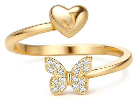 MILACOLATO Ring Silber 925 Damen Verstellbare Initiale Ringe mit Schmetterling Frauen Band Ring Gold Stapelbar Promise Fingerring Hypoallergen 18K Vergoldet Offener Daumenring 925 Sterling Silber-J
