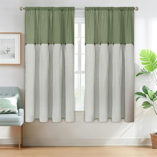 ASPMIZ Farmhouse Wohnzimmer Vorhänge Boho Country Leinen Vorhänge mit Rustikalen Knöpfen, Stangentasche & Rückenlasche Grün Gestreifter Vorhang für Schlafzimmer Fenster Vorhang Home Decor 132 x 160 cm