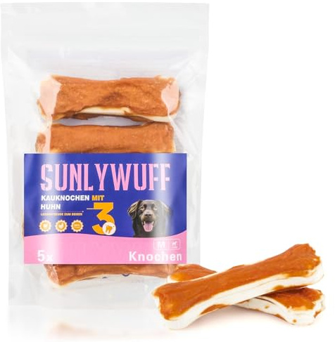 SunlyWuff Hundeknochen für kleine Hunde, 5 Kauknochen mit Huhn, 10 cm | für mittelgroße erwachsene Hunde, 62 % Rinderhaut, 33 % Hähnchenbrust, glutenfrei, fettarm