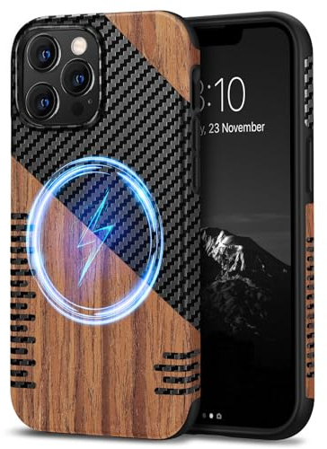 TENDLIN Compatible with iPhone 13 Pro Case Wood Grain with Carbon Fiber Texture Design Leather Hybrid Slim Case (Compatible with MagSafe) Twill
