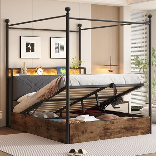 YuQozii Letto matrimoniale multifunzionale in ferro battuto con vano letto idraulico sollevabile e baldacchino in ferro battuto, con pali rimovibili con LED e USB/TypeC, nero (140 x 190 cm)