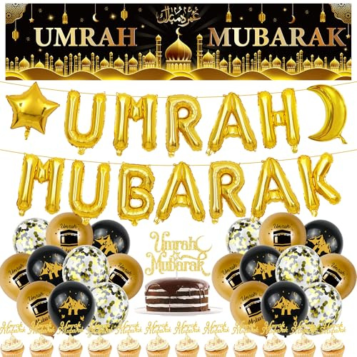 Umrah Mubarak Decoration Ramadan Balloon - 50 Pcs Gold Letter Balloons, 180*40cm Backdrop, Cake Cupcake Toppers and Latex Balloons for Islamic Muslim Eid Umrah Mubarak Party Supplies