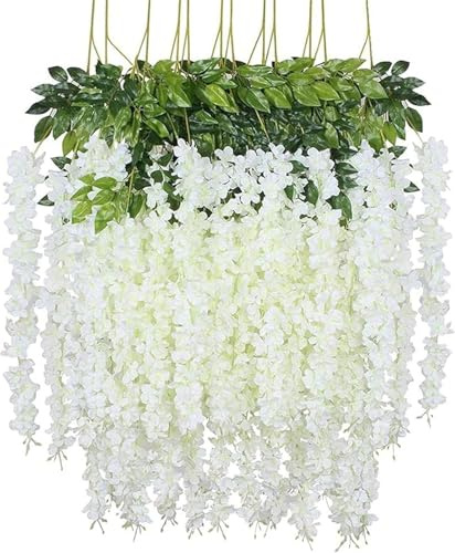 Yeehliny Künstlich hängende Blumen, Blauregen Seidenblumen,hängende Dekoration Garland Seide Blumen für Party Home Dekoration Hochzeiten, 110 cm (24 stück/Reines Weiß)