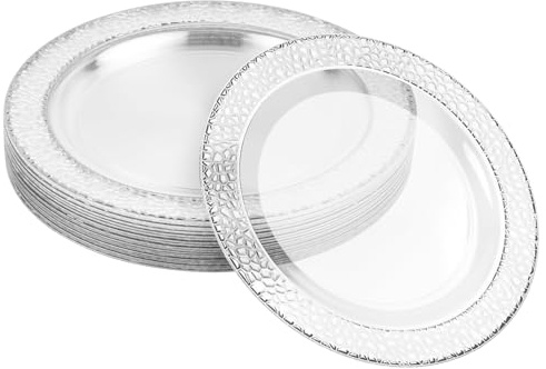 Cobenga 25 Pcs Plastic Dessert Plates, 19 cm Small Party Plates with Silver Rim, Reusable Round Plastic Dinner Plates for Family Kitchen Christmas Wedding Party Celebrations Restaurant Catering
