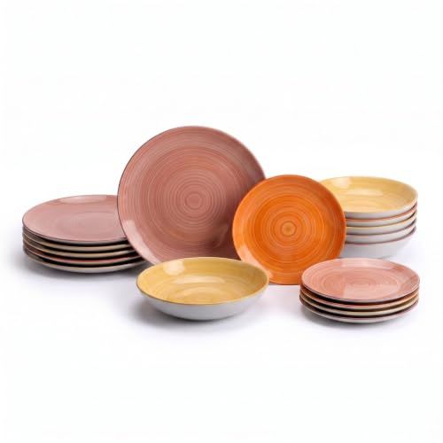INTRECCI Servizio Piatti – Set Completo per 6 Persone in Porcellana – Design Moderno – Piatti Tavola Eleganti – Compatibili Lavastoviglie e Microonde - Set 18 piatti, modello: Linea Sole