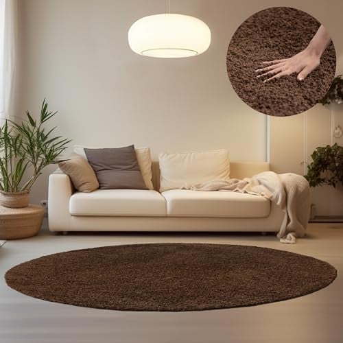 HomebyHome Teppich Rund Hochflor 80 cm Rund - Shaggy Runder Teppich Wohnzimmer Braun Extra Weich und Flauschig - Waschbarer Langflor Teppiche für Schlafzimmer, Küche, Flur - Carpet, Halı, Kilim