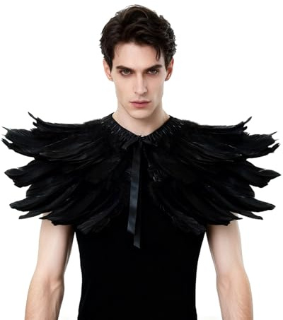 L'VOW Herren Gothic Schwarz Federn umhang Umschlagtücher für Raben Kostüm Poncho