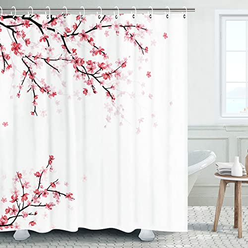 LIVILAN Rideau de Douche Rose, Rideau de Douche à Motif Floral Rose avec 12 Crochets, Rideau de Douche en Tissu Sakura décoratif Japonais, 183 x 198 cm