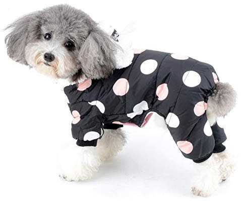Ranphy Polka Dot Small Dog Jacket with Bear Hood Fleece Lined Coat Hoodie Warm Padded Pet Outdoor Parka Rompers Outfits Cold Weather Snowsuit Chihuahua Teacup Toy Poodle Costume Black M