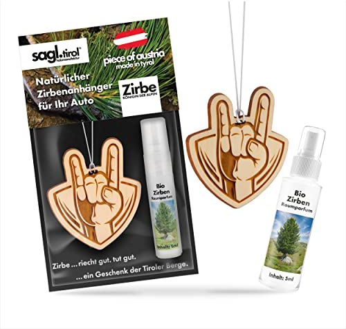sagl.tirol Auto Duft aus Zirben Holz [100% Bio] inkl. Zirben Raum Parfüm 5ml I verschiedene Motive I natürlicher Auto Duftbaum I Auto Duft Innenraum I Auto Lufterfrischer I Autoduft I Rock on