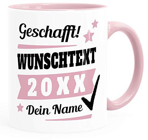 SpecialMe® Tasse mit Name personalisiert Geschafft! eigener Text Geschenk Abschluss-Prüfung rosa Keramik-Tasse