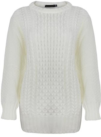 Generation Fashion New Ladies Women Long Sleeve Knitted Jumper Cable Knit Sweater Crew Neck Pullover Top Plus Size[Cream,24-26]