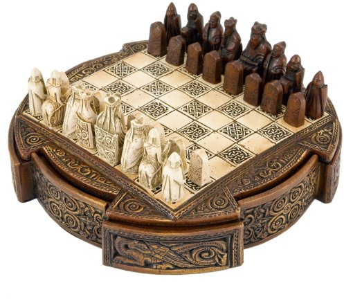 Brown Compact Isle Of Lewis Celtic Chess Set - 8 Inch Chess Board and Miniature Pieces - Made In England