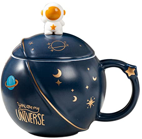 Sharemee - Süßer Astronaut Becher mit Deckel und Löffel, Kawaii Cup Neuheitsbecher für Kaffee, Tee und Milch, Bechergeschenk Dunkelblau 450ml/15oz