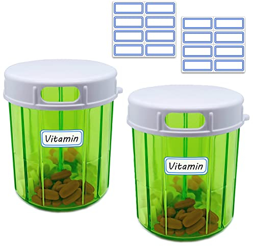 INVODA Pillendosierer mit 4 Fächern, groß, tragbar, monatlicher Medikamenten-Organizer für Pillen, Fischöle, Vitamine, Nahrungsergänzungsmittel (Pillendose 2 Stück + selbstklebende Etiketten)