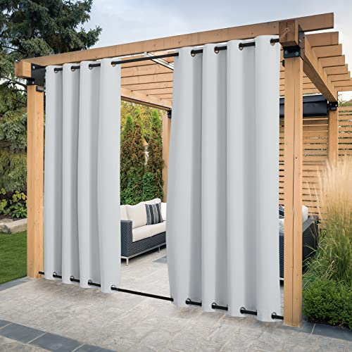 PONY DANCE Rideau Occultant Extérieur à Oeillets Coupe-Vent Lumineux Bloquer Étanche pour Terrasse Jardin & Patio Économie d'Énergie, Gris Blanc, L 132 sur H 243 cm, 2 Pièces