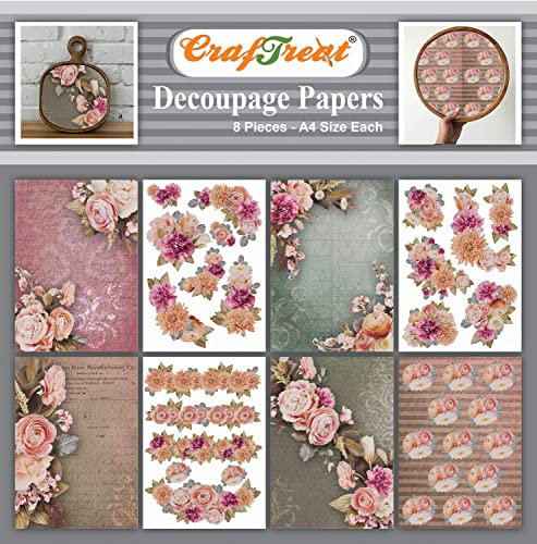 CrafTreat Blumen-Decoupage Papier für A4 (8,3 x 11,7 Zoll), 8er-Pack, Möbel-Bastelpapier-Muster-Set, Motivpapier Frühling, Musterpapier, Bastelpapier Vintage, Designpapier-Block