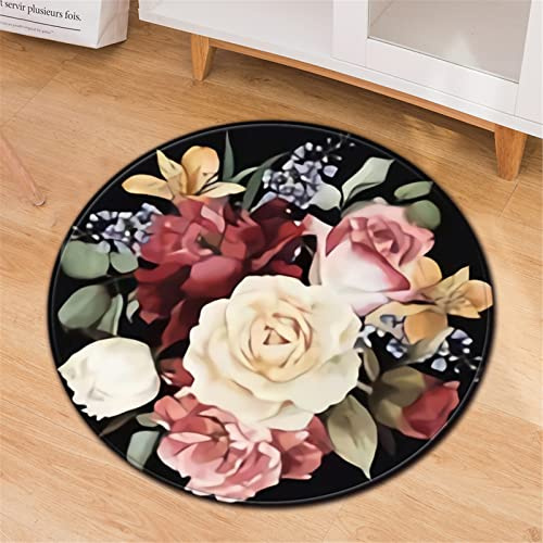 Chickwin Teppiche für Wohnzimmer Rund, Blumen Drucken Teppich Modern Schlafzimmer Groß Flanell Flauschig Weich rutschfest Fußmatte Waschbar für Kinderzimmer (Rose Blume,Durchmesser 120cm)