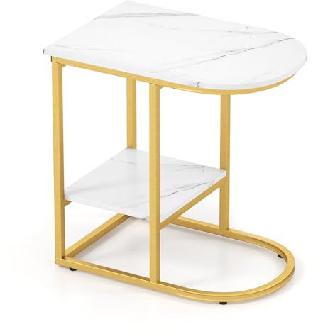 COSTWAY C Shaped Side Table, Modern Faux Marble/Industrial Nightstand Bedside End Table with Storage Shelf, 2-Tier Metal Frame Overbed Snack Sofa Tables for Living Room Bedroom (White+Gold)