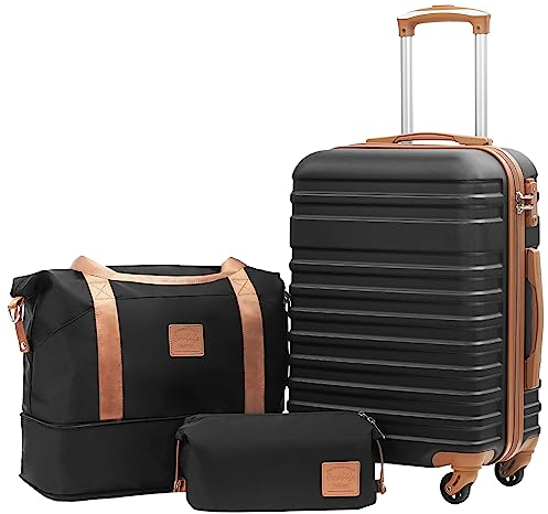 COOLIFE Suitcase Set 3 PCS - 20 Hard Shell Lightweight ABS Luggage + Travel Bag & Toiletry Bag, Small Suitcase Carry on with TSA Lock, 4 Wheels for Travel, Airline & Cruise, Business Trip Black/Brown