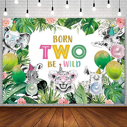 AIBIIN 2,1 x 1,5 m Born Two Be Wild Hintergrund für Kinder Happy 2nd Birthday Fotografie Hintergrund Dschungel Safari Wald Tiere Tropische Blätter Ballon Zweitgeburtstag Party Dekorationen Banner