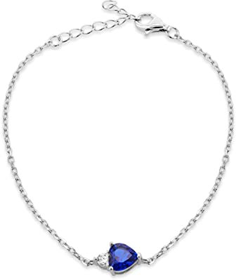 Tuscany Silver Women's Sterling Silver Rhodium Plated 6mm Heart Shape Synthetic Blue Spinel with 3mm Round White CZ Adjustable Bracelet 16cm/6.25 -19cm/7.5