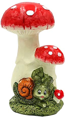 Dekohelden24 Keramik Schnecke/Dekoschnecke mit 2 Pilzen, Gartendeko, Maße ca. 11 x 10 x 18 cm