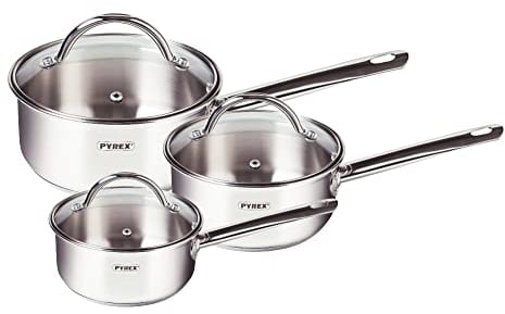 Pyrex Master Stainless Steel Saucepan Set Induction Ready with Lids - 3 Piece 16cm, 18cm, 20cm | Tempered Glass Lids | Induction Suitable | Stainless Steel Handles, Silver (MXS01PX/7044)