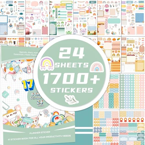 Zayookey 24 Blatt/1700+ Planer Aufkleber für Monatsplaner Monthly Planner Stickers Bullet Journal Sticker Scrapbooking Stickers Zubehör für Kalender Journal Tagebuch Arbeit Planung Budget