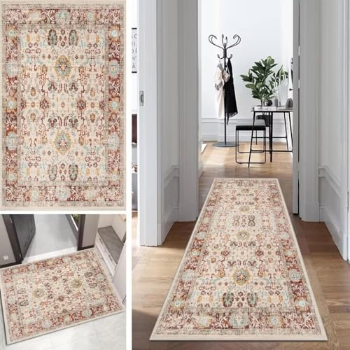 Boho Läufer Teppich Flur Lang Vintage Klassisch TeppichLäufer rutschfest Waschbar 110x300cm Dauerhaft Läuferteppich KüchenLäufer Korridor Polyester Anpassbar Meterware