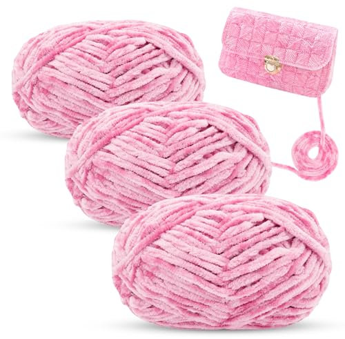 LEREATI Ciniglia Gomitoli per Uncinetto 3x100g Grossa Filato per Borse Uncinetto, Gomitolo di Lana Ciniglia, Cordino per Cappelli, Coperte, Sciarpe (Rosa)