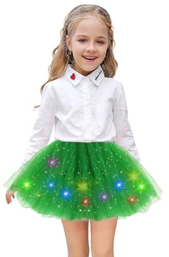 Johiux Grün Tüllrock mit Lichterkette Karneval,Tüllrock Kinder,Tüllrock Röcke für Mädchen,Mädchen Tutu Rock Star LED Lichter Minirock Tanzkleid,Karneval Party Kinder Mardi Gras Mädchen Tüllrock.