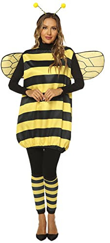 Niceyoeuk Bee Cosplay Costume Set for Women Girl Bee Dress with Wings Headband Leg Halloween Role-playing Party Accessories (Adults, Yellow, L)