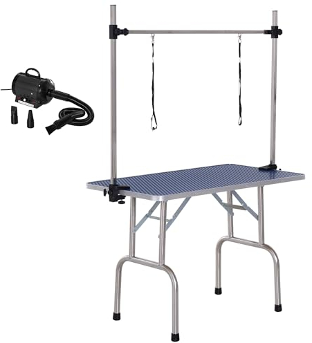 PawHut Conjunto para Mascotas Juego de Secador de Pelo para Perros 2800W y Mesa de Peluquería para Mascotas Plegable con Altura Ajustable 40x16x20 cm 107x60x170 cm Negro y Azul