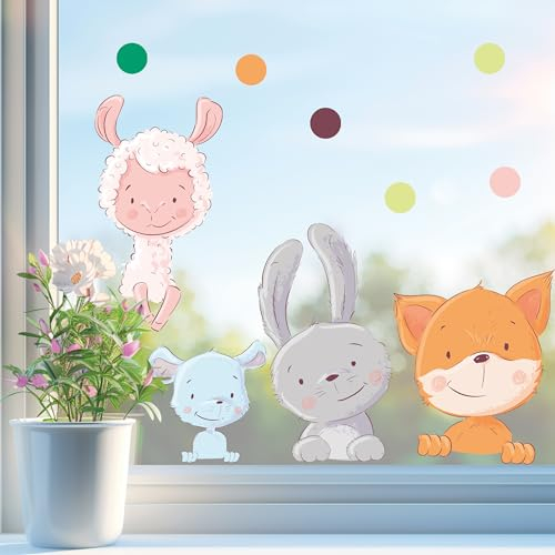 Sunnywall Fensterbild Fensterdeko Schaf Fuchs Hase Maus Fensteraufkleber statisch selbstklebend beidseitiger Druck Aufkleber Fenstersticker WIEDERVERWENDBAR A2
