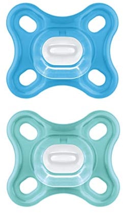 MAM Comfort Schnuller im 2er-Set, besonders kleiner und leichter Baby Schnuller für Früh- & Neugeborene aus 100% Silikon, mit weichem MAM SkinSoft Saugteil & Schnullerbox, 0-3 Monate, blau