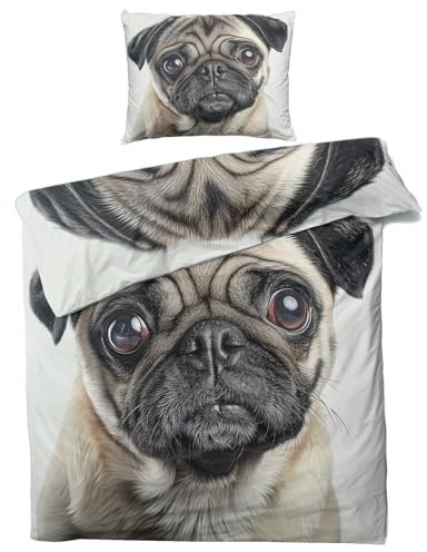 MOBEITI Mops Bettwäsche 135x200, Hunde Wendebettwäsche, Weiche Kuschelige Mikrofaser Bettbezug Set 2teilig, 1 Kissenbezug 80x80, mit Reißverschluss -MO&313