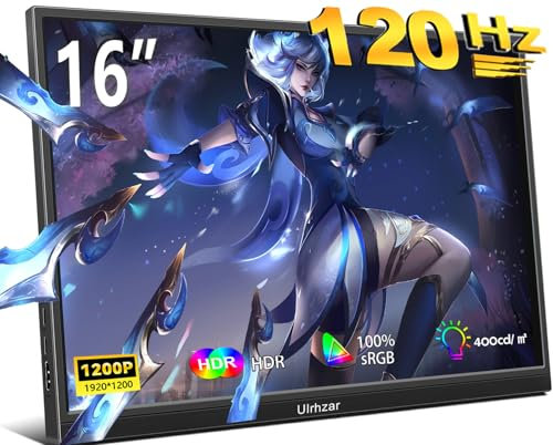 Ulrhzar 120Hz Portable Monitor 16 Inch Gaming Monitor HDR FHD 1920x1200P Laptop Monitor with VESA IPS 16:10 Contrast Standard HDMI/Type-C, External Monitor for PC/Laptop/PS3 4/Phone Built-in Speakers