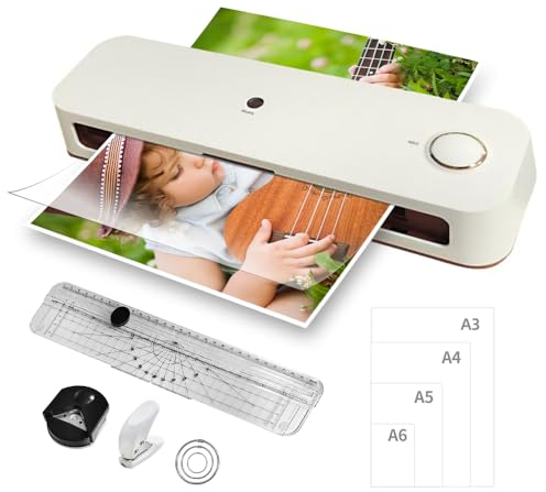 Bisofice Laminiergerät A4 mit 30 Stück Laminierfolien für A4 A5 A6, 6 in 1 Laminiergerät mit Papierschneider und Eckenrunder, Locher, Ring, für Büro, Zuhause, Restaurants, Schule