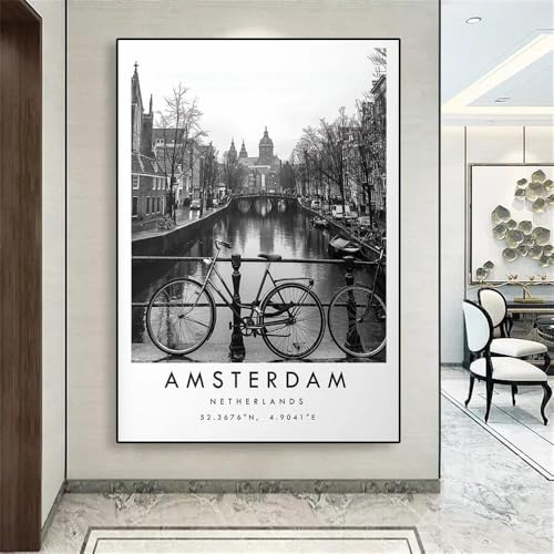 Reisedruck Poster Amsterdam Stadt Schwarz Weiß Druck Unikat Wand Kunst Leinwand Gemälde Koordinaten Minimalistisch Wohndekor A17 30X40Cm Kein Rahmen