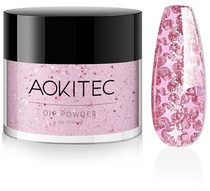 Aokitec Dip Powder, Starry Pink Glitter Colour, 1OZ Nail Dipping Powder for French Manicure Nail Starter & Professional Home DIY Salon Use Shinny Nail Powder for Dip Nails Long-lasting 28 Days