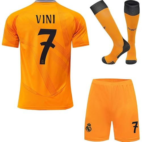 HUSSATEX R. Madrid 2024/2025 Vini #7 Auswärtstrikot Auswärt Kinder Fußball Trikot & Shorts mit Socken Geschenk Set Jugendgrößen (Orange,26)