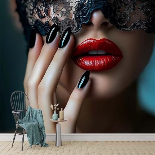 Beautiful Sexy Woman Wall Mural - 150 x 105 cm Red Lips and Black Lace Party Mask Photo Wallpaper for Boys' Bedroom, Living Room, Playroom, Nursery, Teen Room, Kids' Photo Mural Wall Art