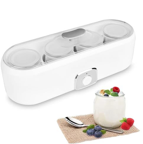 CHANGLKJ Yogurtera Casera, Pequeña Máquina de Yogur Griego con 4 Frascos de Vidrio Individuales (180ML/Jarra) y Tapa Transparente, Higiénica Más Saludable, para el Hogar, Oficina, Escuela