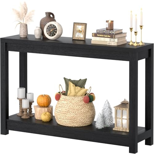 Besiost 47 Farmhouse Wood Entryway Table Narrow Console Table with Storage Behind Couch Sofa Table with Shelves for Entry Way with Open Storage, Easy Assembly, Embossed Wood Grain Black