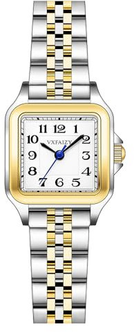 VXFAIZY Quadratische Zarte Damenuhr Mit Arabischen Ziffern Leicht Zu Lesen KostÜM-Uhr FÜR Damen (Silver-Gold Black)